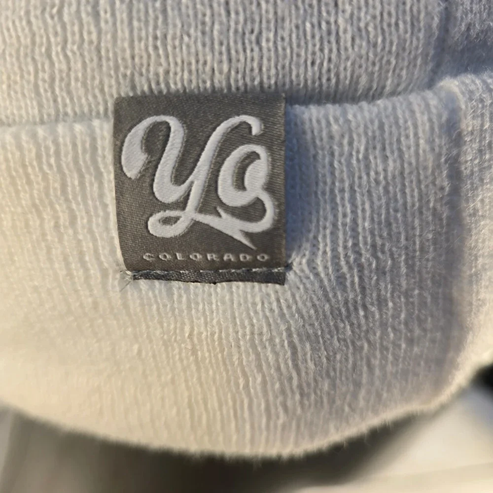 Yo Colorado Beanie Hat White Multi Stripe Pom Pom Cuffed Knit Cap Retro Style
